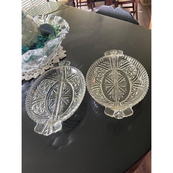 Relish Divided Glass Dishes Pressed  with Scalloped Rim Starbursts Two - Picture 1 of 8